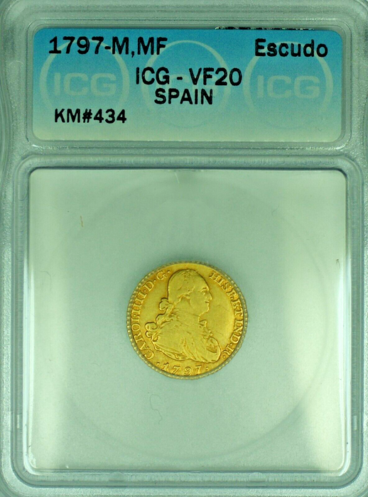 1797-M,MF Spain Escudo Gold Coin ICG VF 20