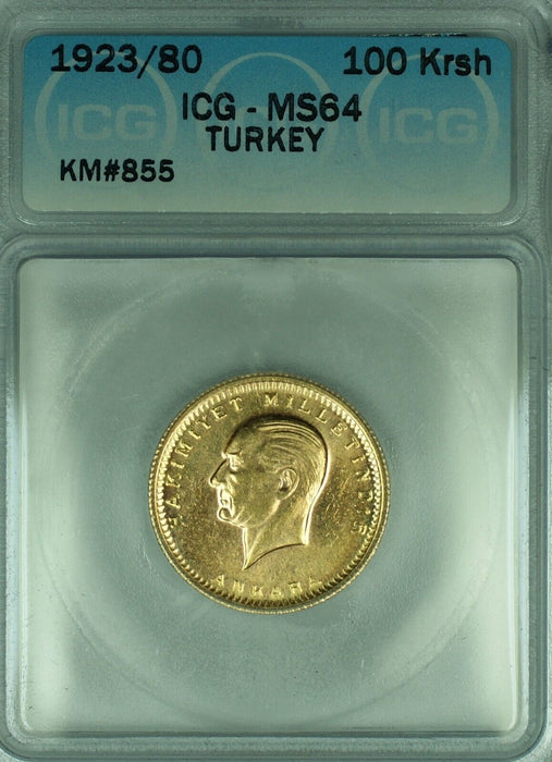 1923/80 Turkey 100 Kurush Gold Coin ICG MS 64