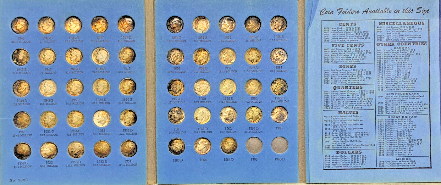 1946-1964 Roosevelt Silver Dime Toned Complete Set-Whitman Coin Folder (K)