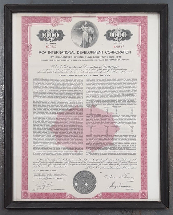 RCA Int'l Development Corp. $1000 Bond Dated Feb. 1, 1988 in Frame - See Photos