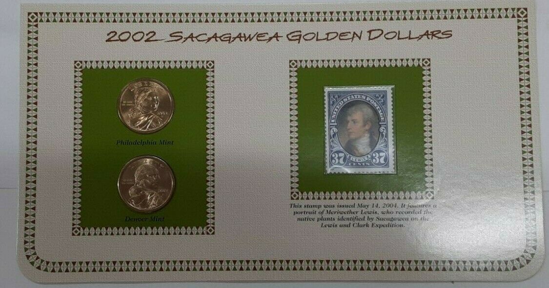 2002 P & D Sacagawea BU Dollars and Stamp Set on Info Card - Meriwether Lewis