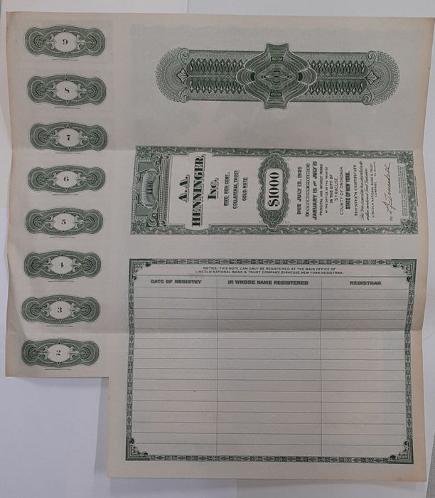 A.A. Henninger Inc. $1000 Bond Dated July 15, 1935 Crisp w/Folds - See Photos