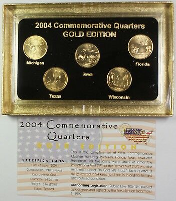2004 Commemorative Quarters Set Gold Edition 5 Coins Total in Case W/ COA