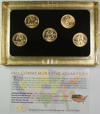 2004 Commemorative Quarters Set Gold Edition 5 Coins Total in Case W/ COA
