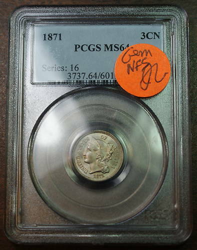 1871 Three Cent Nickel, PCGS MS-64, Gem Coin