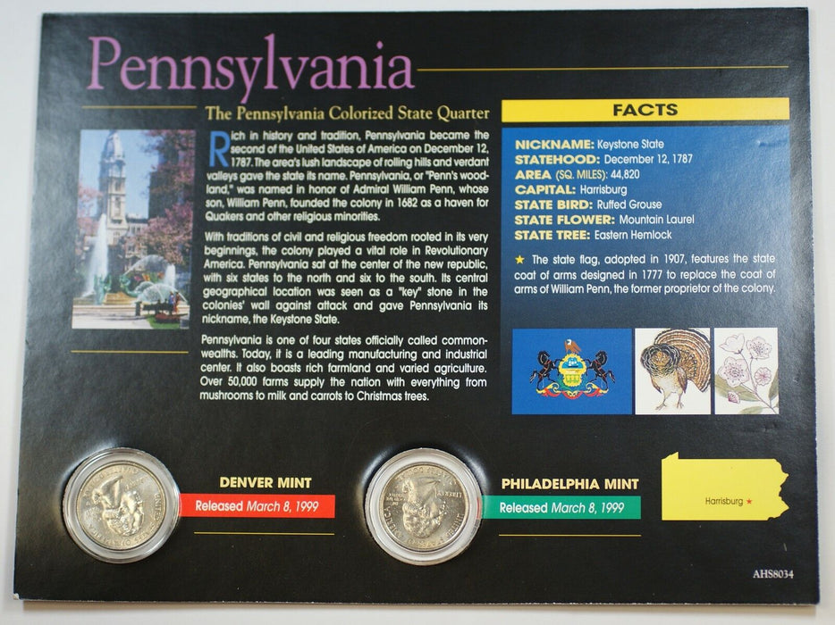 (2) 1999 Pennsylvania Colorized State Quarter P&D-BU-w/Colorful Display Card