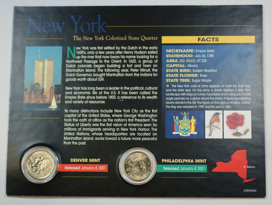 (2) 2001 New York Colorized State Quarter P&D-BU- w/Colorful Display Card
