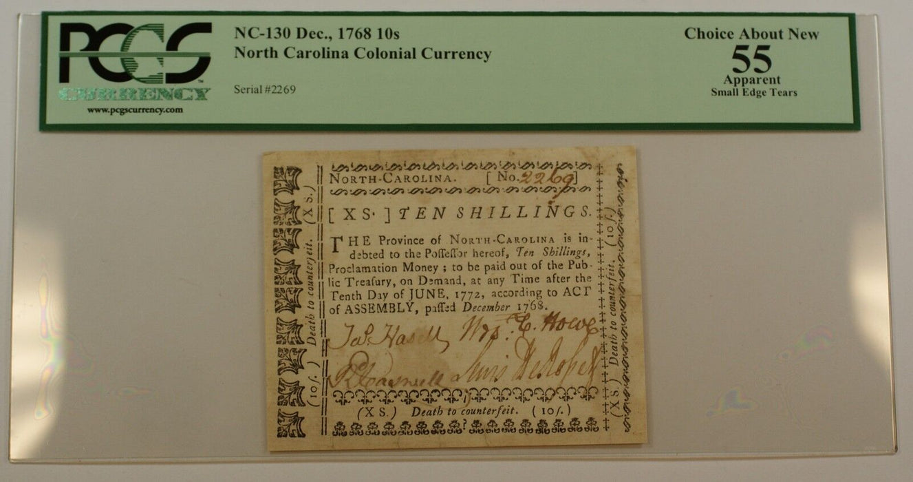 Dec. 1768 10s Colonial Currency Note PCGS Choice About New 55 Apparent NC-130