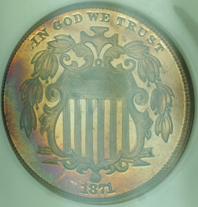 1871 Shield Nickel Pattern Proof 5c Coin NGC PF-67 RB Toned GEM J-1056 Judd WW