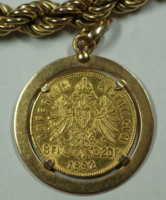 18K Rope Charm Bracelet w/ 6 Gold Coins Sovereign Austria Mexico Turkey 9.25"