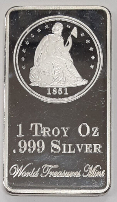 World Treasures Mint 1 Oz 'NOT' Silver Bar - 1851 Seated Liberty Dollar SB9