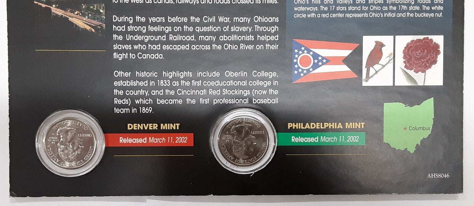 (2) 2002 Ohio Colorized State Quarter P&D-BU-w/Colorful Display Card