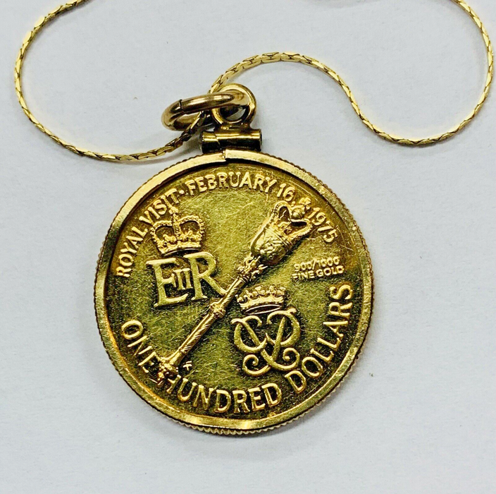 Vintage $100 Bermuda Gold Coin/Pendant-18KT Necklace 16” Length-10 Grams