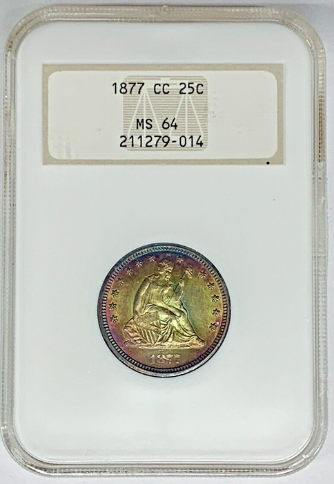 1877-CC Seated Liberty Quarter 25c Coin Rainbow Tone NGC Fatty MS 64-Looks Nicer