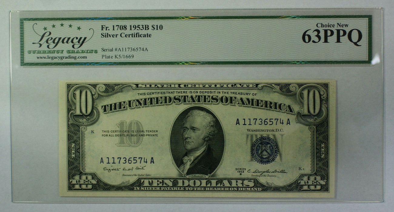 1953 B $10 Ten Dollar Silver Certificate Fr. 1708 Legacy (PCGS) New 63 PPQ (A)