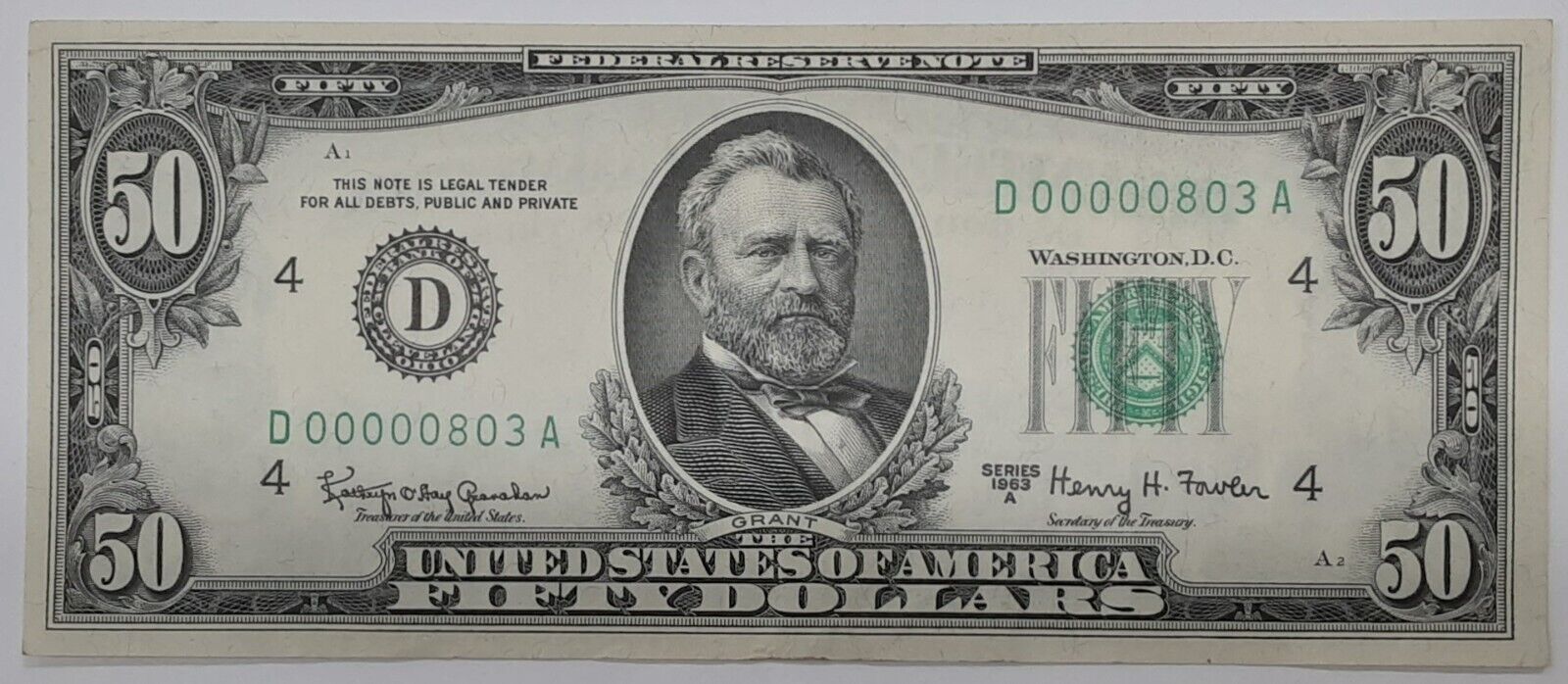 1963-A $50 Federal Reserve Note w/3 Digit S/N Fr. 2113-D Crisp XF/AU WW
