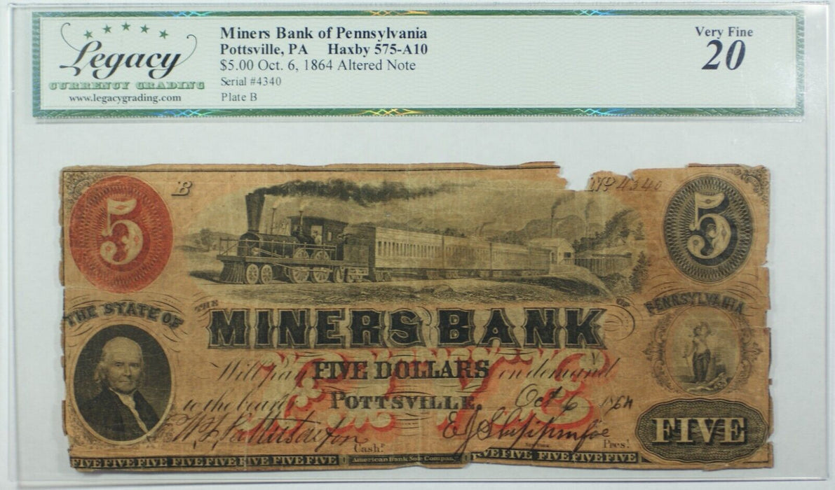 1864 $5 Miners Bank OF Pennsylvania Note, Pottsville, PA Legacy VF 20