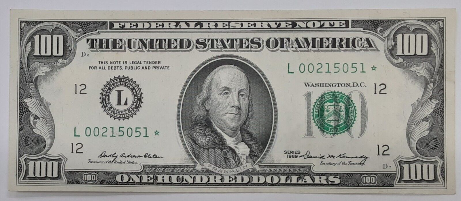 1969 $100 Federal Reserve STAR Note Fr. 2164-L* Crisp AU WW