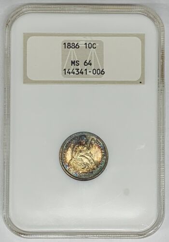 1886 Seated Liberty Dime 10c Coin Colorful Tone NGC Fatty MS 64