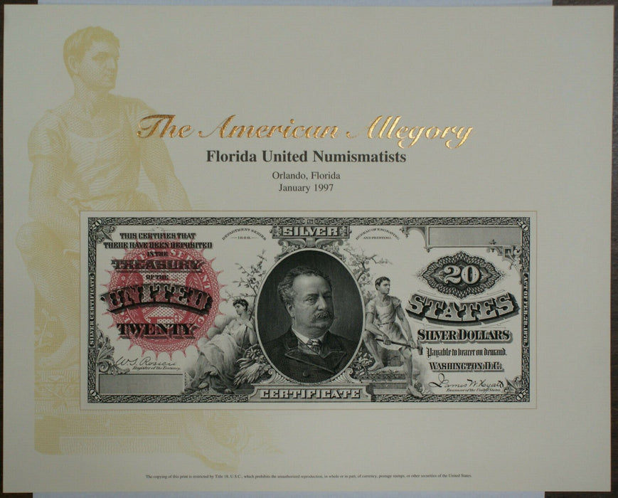 BEP souvenir card B 214 1997 FUN 1886 $20 Silver Certificate Face