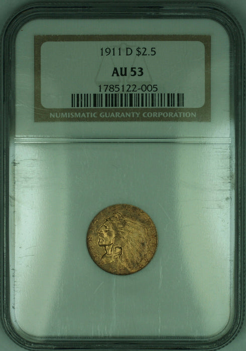 1911-D Indian Quarter Eagle $2.50 Gold Coin NGC AU-53 (KD)