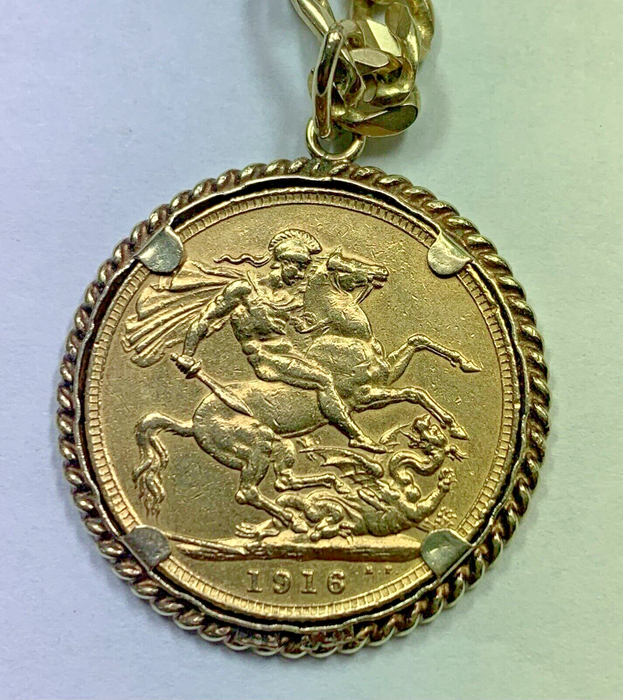 1916 Sovereign Gold Coin-w/ 20” 14KT Gold Figaro Link Chain & Pendant