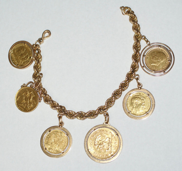 18K Rope Charm Bracelet w/ 6 Gold Coins Sovereign Austria Mexico Turkey 9.25"