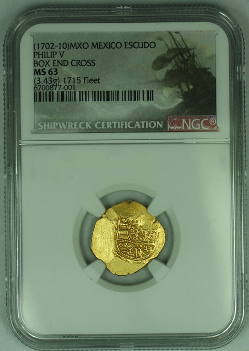1702 Shipwreck Gold Coin, Mexico Escudo-Box End Cross-1715 Fleet NGC MS 63