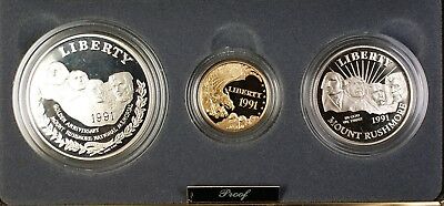 1991-W & S Gold $5 Silver $1 50 Cents Mount Rushmore 3 Coin Proof Set in OGP