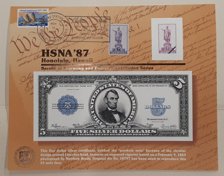 BEP Souvenir Card 1987 HSNA 1923 $5 Silver Certificate Show Cancelled (B 111)