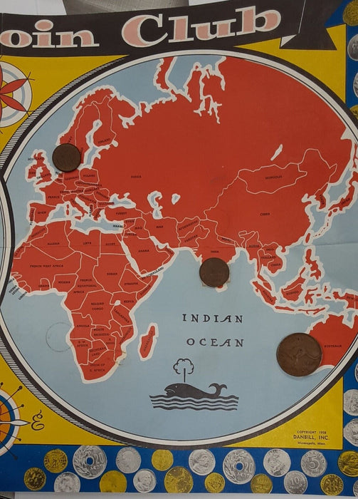 World Coin Set - Seven Coins/Some UNC on World Map