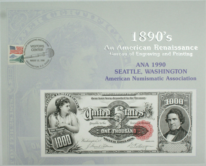 BEP Souvenir Card B 140 1990 ANA 1891 $1000 Face Silver Certificate Canceled