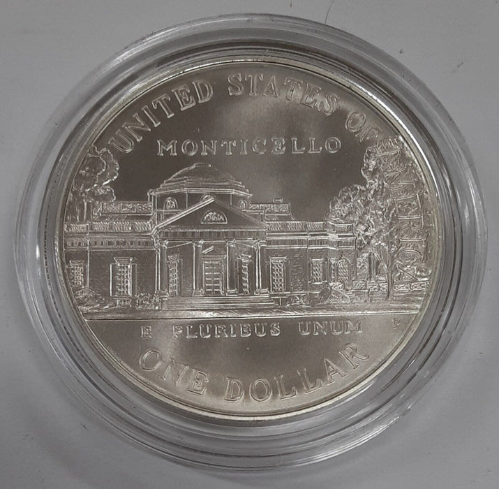 1993-P Jefferson 250th Anniversary Commem UNC Silver $1 Coin in Capsule ONLY