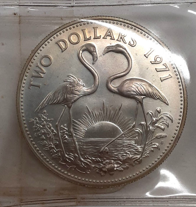 1971 Bahamas $2 Sterling Silver Coin - Flamingos  BU