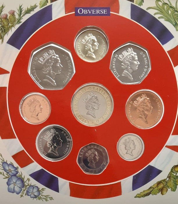 1997 United Kingdom Mint Set 9 BU UK Coins Total in Harrods Sleeve