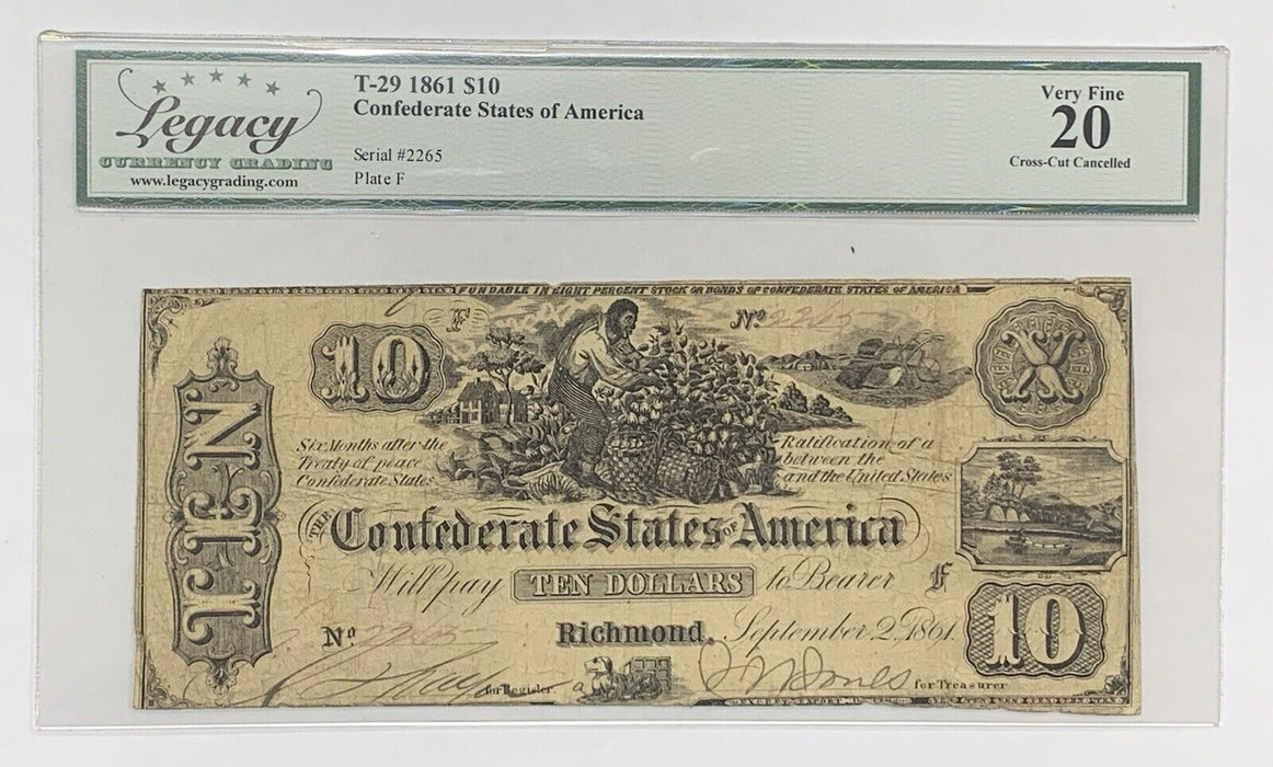 1861 $10 Confederate States of American Note T-29 Legacy VF 20 Cross-Cut (A)