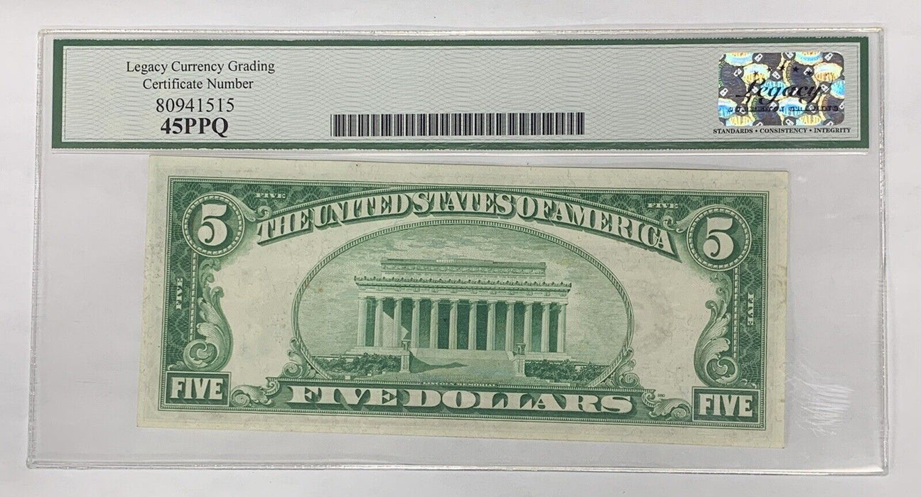 1928 A $5 Federal Reserve Note FR 1951-G Legacy XF 45 PPQ