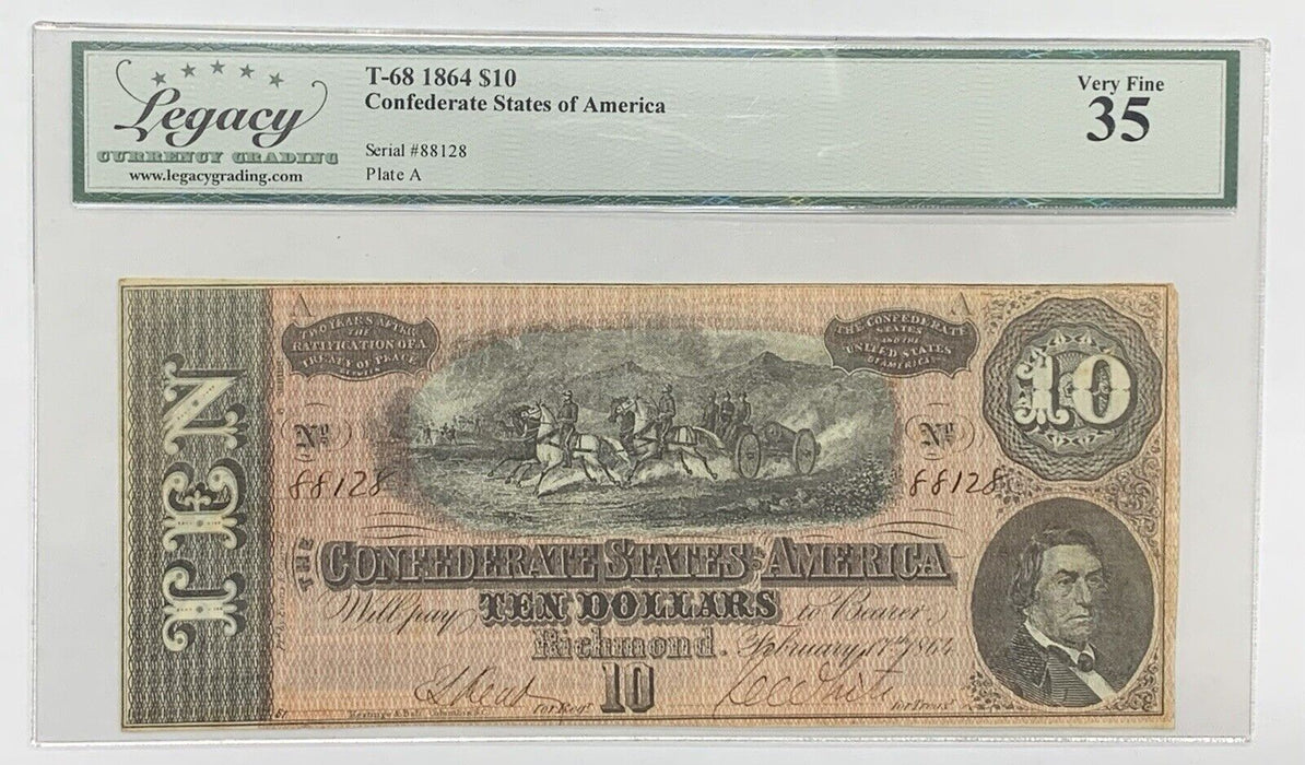 1864 $10 Confederate States of American Note T-68 Legacy VF 35 (B)