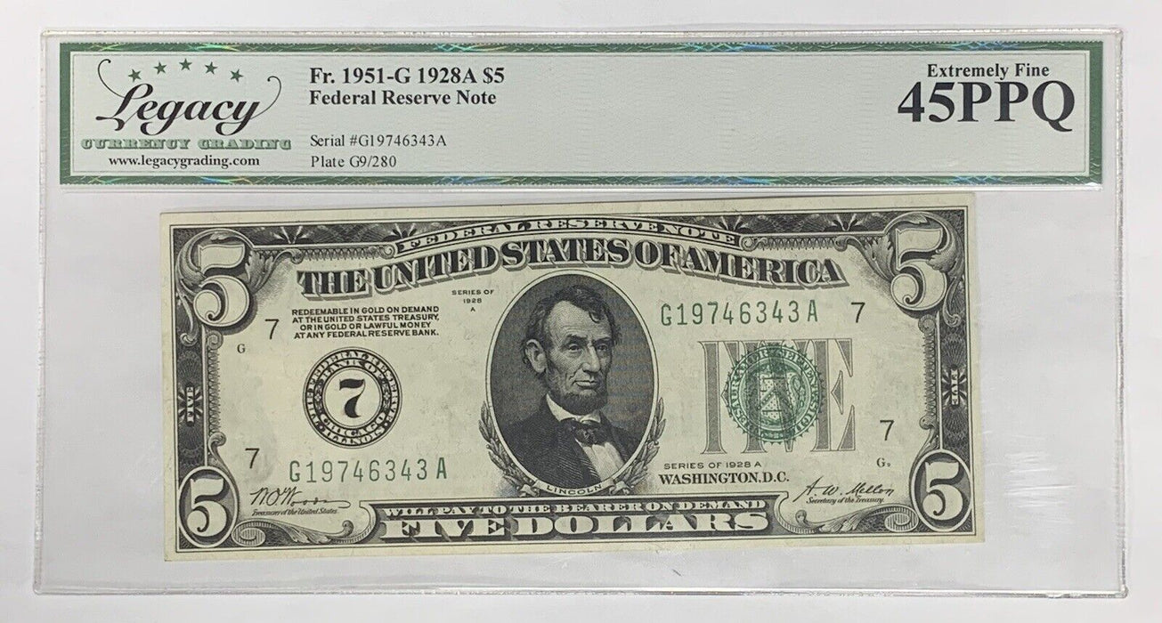 1928 A $5 Federal Reserve Note FR 1951-G Legacy XF 45 PPQ