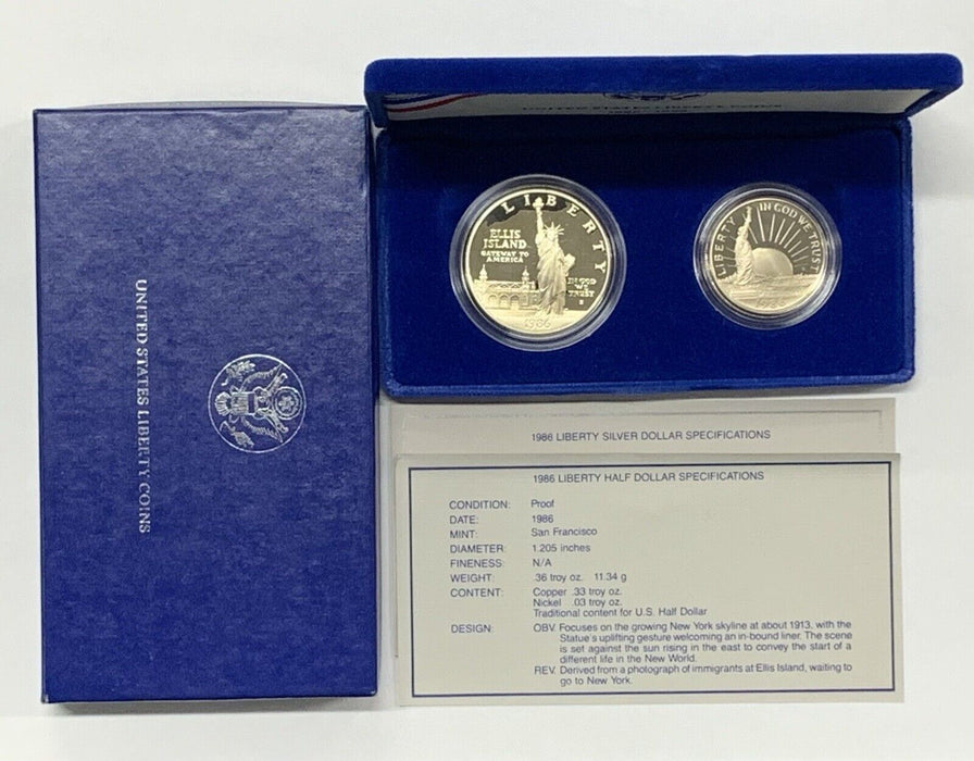 1986 Proof Statue of Liberty Dollar & Half Dollar Set, Box & COA-No Outer Sleeve