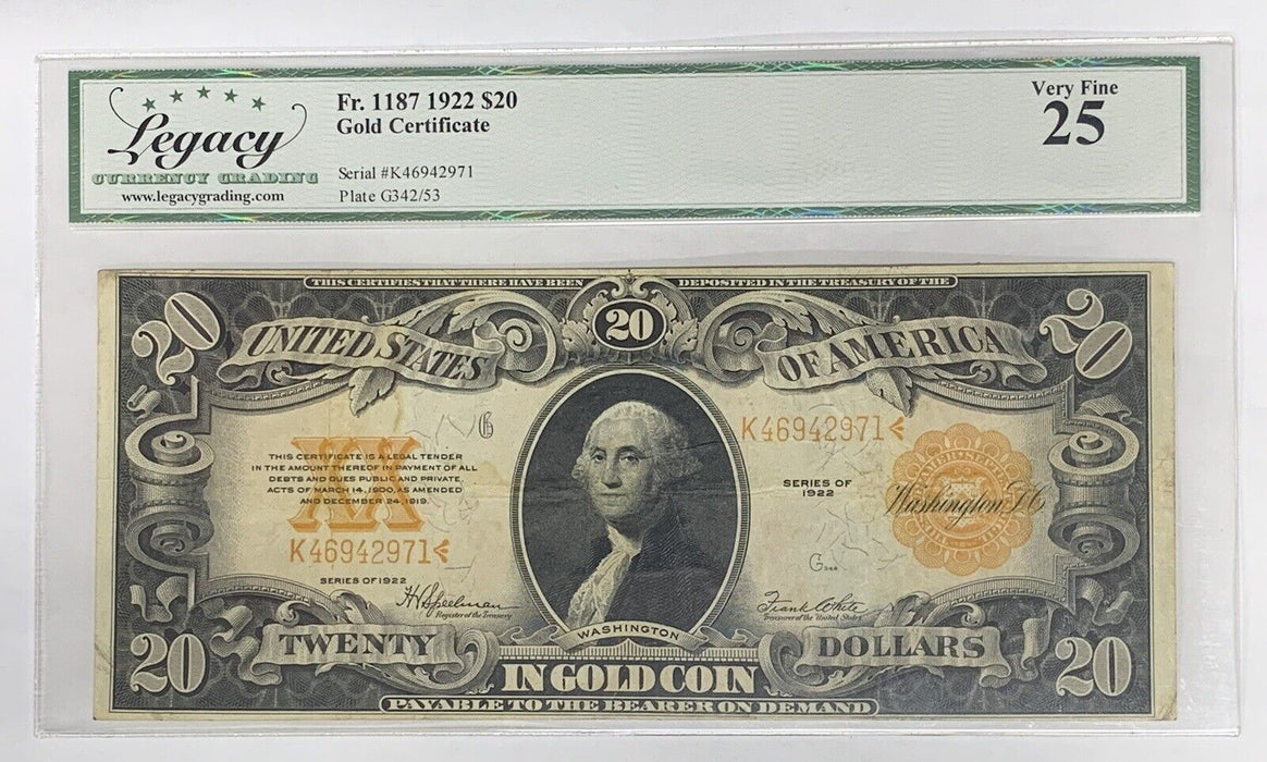 1922 $20 Gold Certificate Note FR 1187 Legacy VF 25