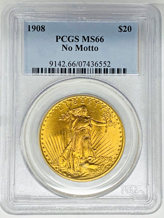 1908 $20 Saint Gaudens Double Eagle Gold Coin No Motto PCGS MS 66 (B)