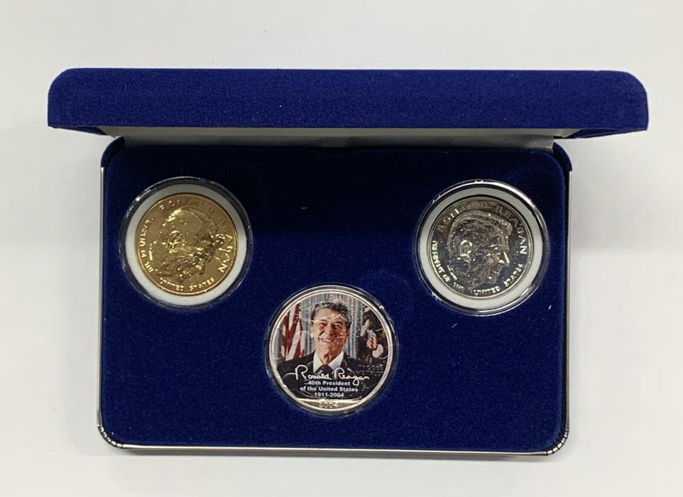 2004 Silver $1 Eagle Colorized Ronald Reagan & 2 Medal Set W/Box & COA