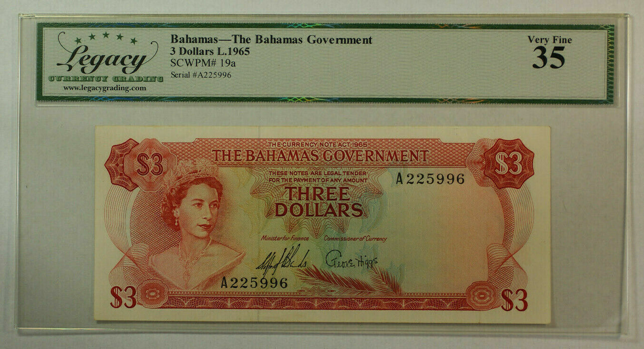 1965 Bahamas Government $3 Three Dollar Currency Legacy VF-35