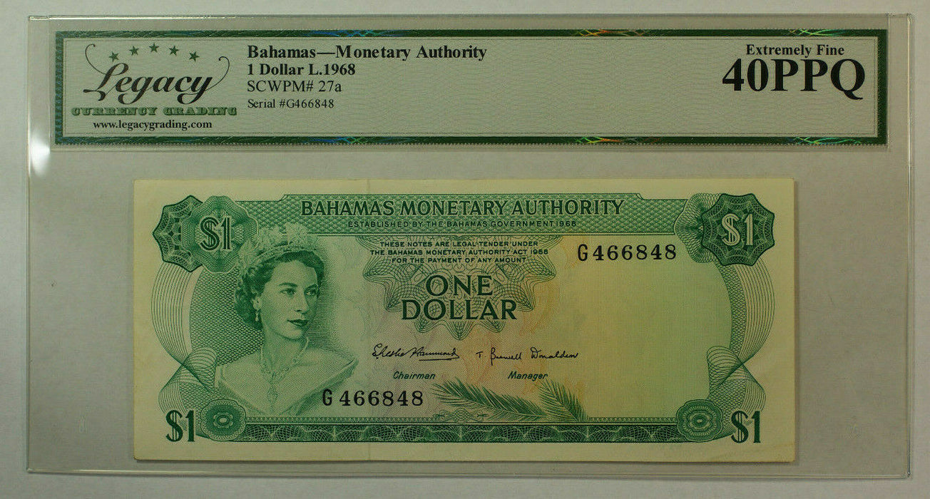 1968 Bahamas Monetary Authority $1 One Dollar Currency Legacy  XF-40 PPQ
