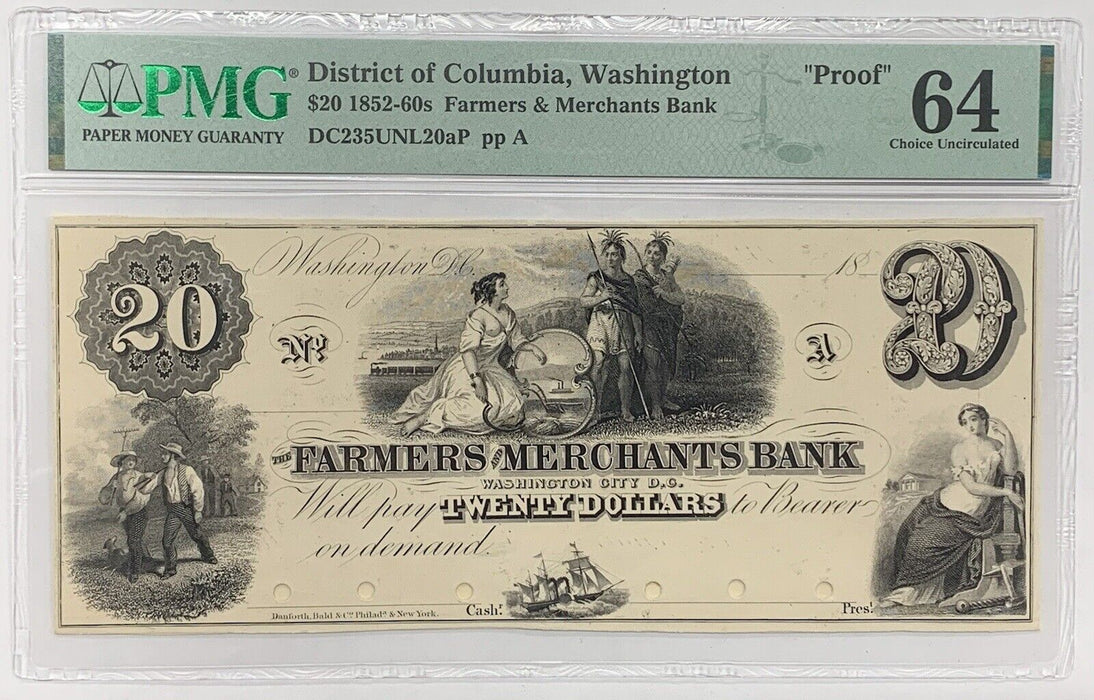 1852 $20 Framers & Merchants Bank Washington DC PMG PR 64 Choice UNC