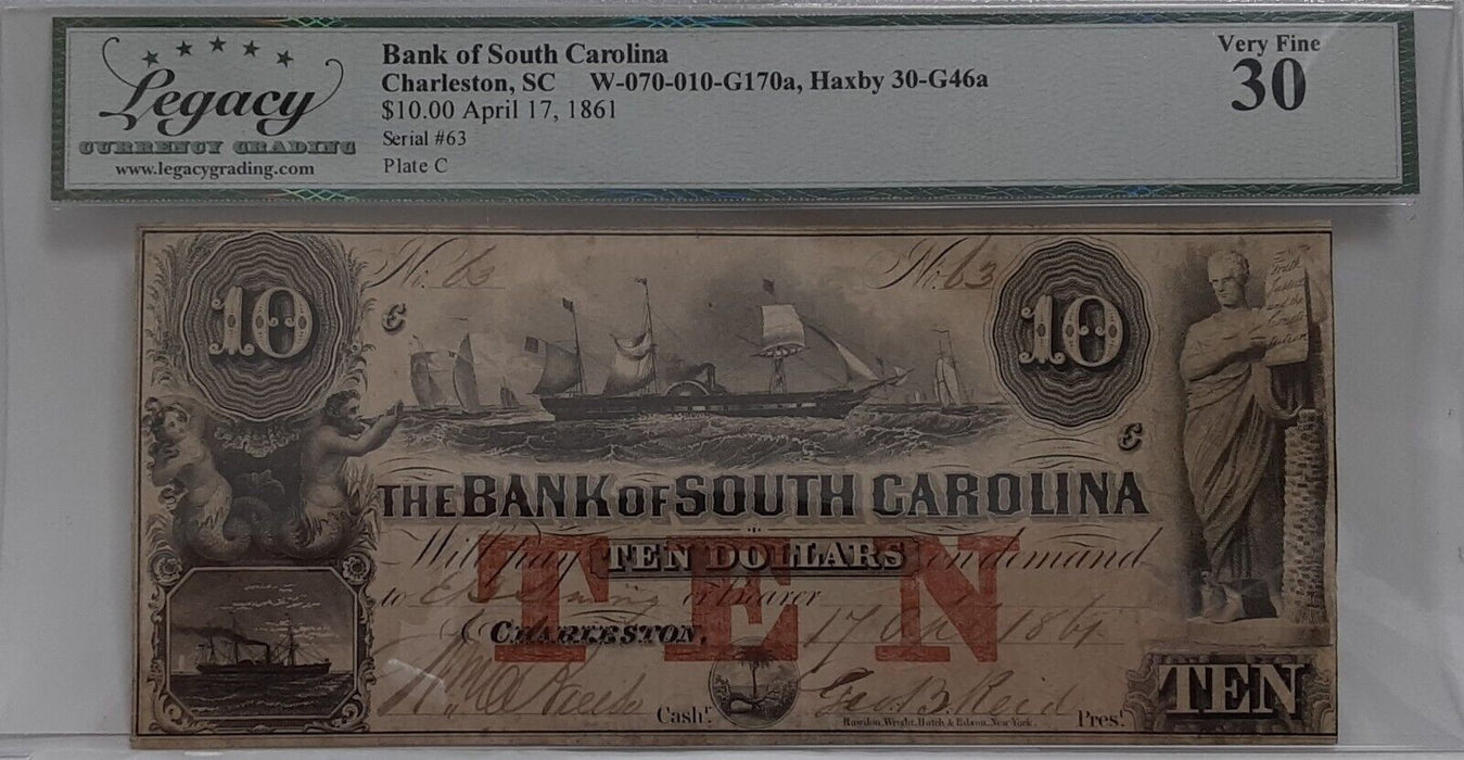 1861 $10 Note Bank of South Carolina at Charleston, SC  Legacy VF-30