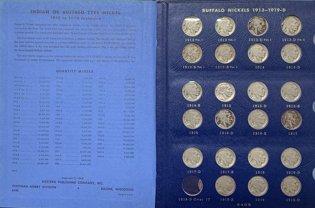 1913-1938 Buffalo Nickel Collection Complete Set-In Whitman Album (1937-D 3 Leg)