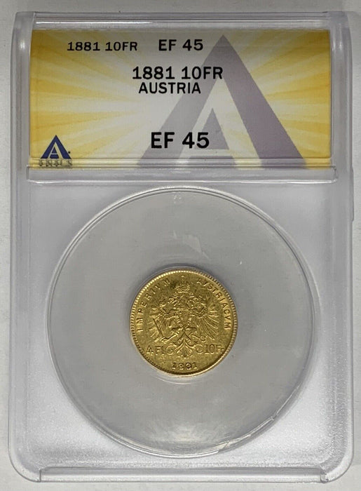 1881 Austria 10 Francs Gold Coin ANACS XF 45