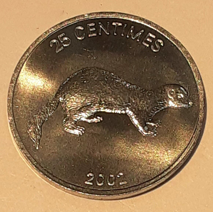 2002 Republic of Congo 25 Centimes Aluminum Coin (Weasel) BU Roll of 45